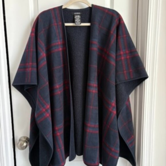 IKE BEHAR Poncho Shawl Blue Red Plaid V-Neck Wrap Cape One Size fits Most - Picture 2 of 3